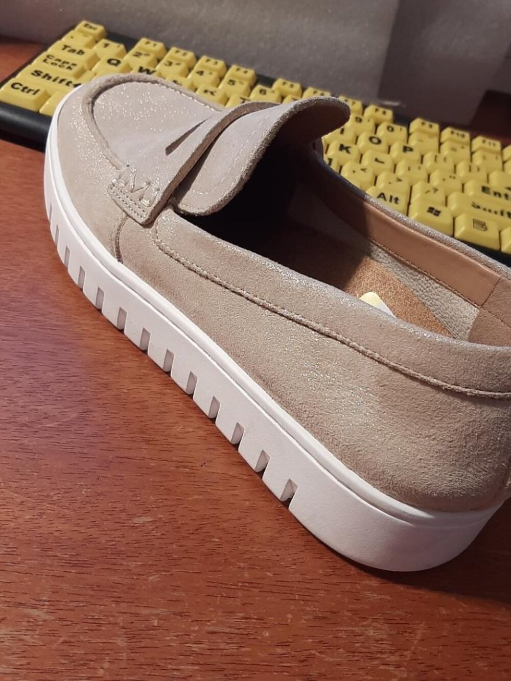 Vionic Beige Suede Slip-On Loafers with White Platform Sole - Picture 2 of 5